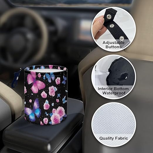 Brosoneto Butterfly Rose Car Trash Can, Waterproof Camping Trash Can, Car Interior Accessory for Back Seat, Front Console, Floor, or Hanging Headrest Waste Basket