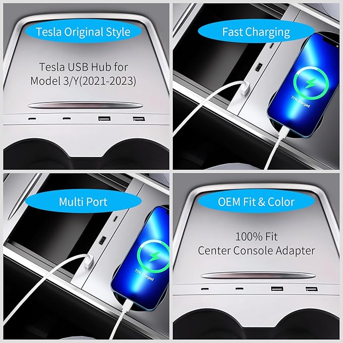USB Hub Charger for The Center Console of Tesla Model Y (2021-2024) and Tesla Model 3 (2021-2023) Support USB-C Multi Port Phone Fast Charging, Suitable for Model Y/3 Center Console OEM Accessories