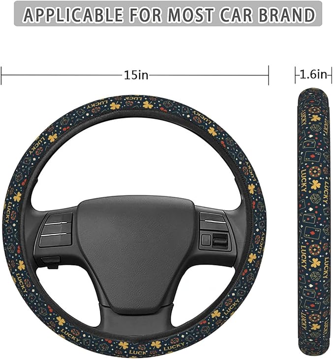 FeHuew Dice Roll Cherry Cards Steering Wheel Cover for Women, Girls 15 inch Universal Auto Car Anti Slip Wrap Steering Wheel Covers Fit for Vehicles, Truck, SUV