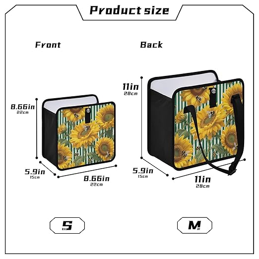 Car Trash Can Organizer Bin with Adjustable Strap for Back Front Seat Console Waterproof Leakproof Collapsible Portable 8.66 Inch Green Striped Sunflowers and Honey Bees