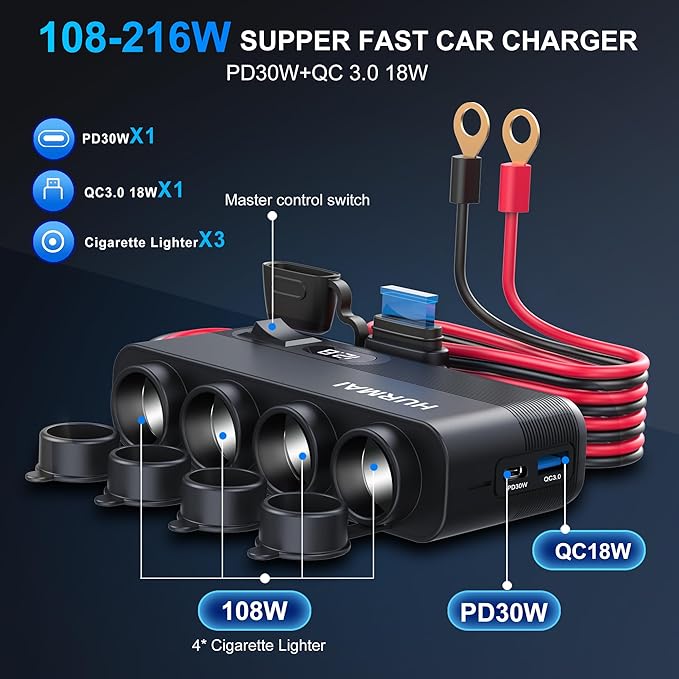 Cigarette Lighter Adapter Splitter,10FT Cable 24V 216W Multi Port Outlet,12 Volt Car Socket Power Outlet 12V Charger Cigarette Lighter,4 Socket Heavy Duty Truck Car USB Chager Multi Port