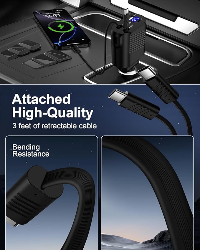 4-in-1 Retractable Car Charger Fast Charging Dual USB Ports & USB C Cables, USBC for iPhone 17 16e 16 Pro Max 16Pro 15 Plus Samsung Galaxy Cigarette Lighter Cargodor C Type Cord Android Car Charger