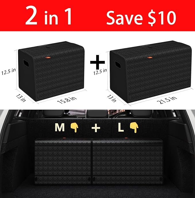 XDV Trunk Organizers, Car Organizers, Storage Solutions, and Car Storage Organizers for SUVs, Sedans, Back Seats, and Luxury Vehicles with Lid, Leather, Small, Large (Black, L&M)