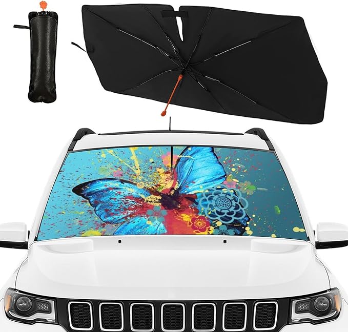 DOPINDU Butterfly Car Windshield Sun Shade Umbrella Bendable Handle Foldable Funny Sunshade for Car Windshield Block UV Rays Keep Vehicle Cool for Most Sedans SUV Trucks Cars 57"x30"