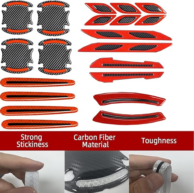 16 Piece Reflective Car Sticker Set Mirror Warning Sticker Car Door Handle Protector Reflective Self-Adhesive and Scratch Free Paint Protective Film (Red)