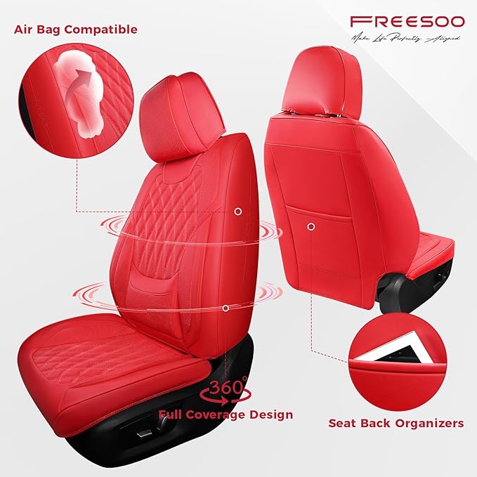 FREESOO Car Seat Covers Front Seats - Luxury Breathable Waterproof Faux Leather Car Seat Cover Protectors with Lumbar Support, Universal Fit for Most 5 Seats Vehicles Sedans Hatchbacks Pick-ups, Red