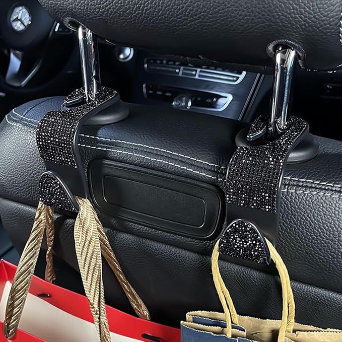 4PCS Bling Car Seat Headrest Hooks, Vehicle Back Seat Purse Handbag Hanging Holder with Crystal Rhinestone, Diamond Storage Organizer Hook, Universal Automotive Accessories (Lake Blue)