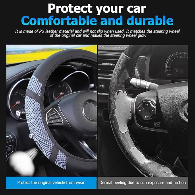 Zipelo Elastic Stretch Car Steering Wheel Cover, Leather Breathable Vehicle Steer Wheel Protective Guard, Anti-Slip Automotive Steer Wheel Protector Accessories, Universal for Most Cars (Blue Gray)