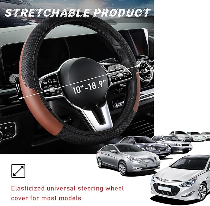 Car Steering Wheel Cover, 15 Inch Leather Breathable Auto Steering Wheel Protector, Comfortable Non-Slip Vehicle Steering Wheel Covers, Universal Interior Car Accessories (Black+Coffee, AD)
