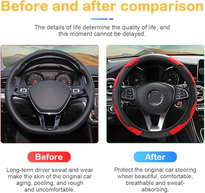 Car Steering Wheel Cover, 15 inch Carbon Fiber Microfiber PU Leather Elastic Steering Wheel Protector for Men Women, Anti-Slip Breathable Car Interior Accessories for Most Cars (Red)