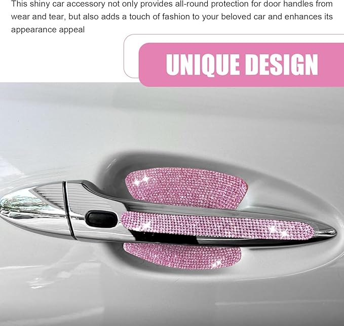 10PCS Bling Car Door Handle Protector, Crystal Rhinestone Car Door Handle Scratch Protector, Anti-Scratch Door Bowl Paint Guard Protective Film, for Auto, Van, Truck (Pink)