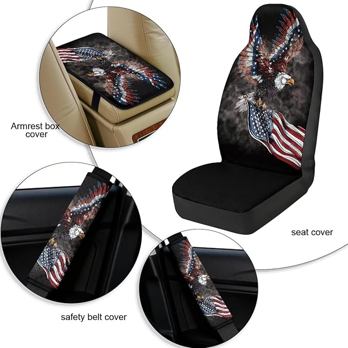 Qeluxign PU Leather Car Seat Covers Set - Includes 2 Seat Protectors, 2 Shoulder Pad Covers, 1 Armrest Cover for Car Decoration,American Flag Bald Eagle