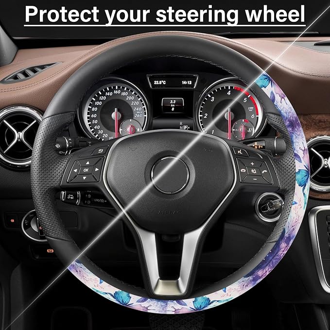 Purple FlowerSteering Wheel Cover Neoprene Material Most Cars Men&Women Universal 15 inch Premium Non-Slip Spring Steering Wheel Protector Floral Cute Car Accessories
