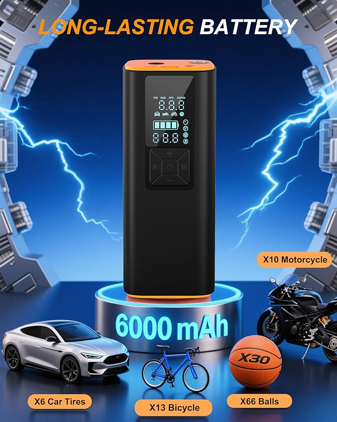 Tire Inflator Portable Air Compressor 150PSI, Extra-Long Battery Life, Auto Shut Off Air Pump for Car Tires, LCD Display with 4 Modes, LED Light Emergency Use for Car Motorcycle Bike Ball