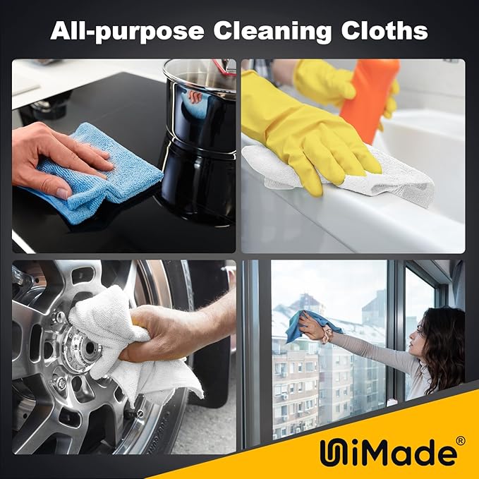 UNIMADE Shop Rags, 100 Sheets Microfiber Cleaning Cloth Commercial Grade Washcloths Lint-Free Bulk Shops Towels for Cars Mechanic Restaurant Garage Housekeeping, 11"x 9", White