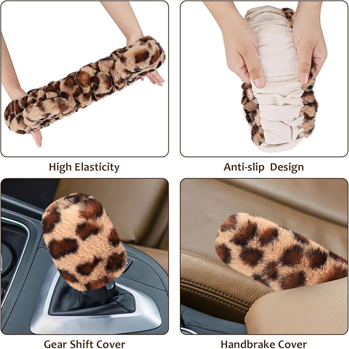 Accmor Fluffy Car Steering Wheel Cover, Leopard Fuzzy Vehicle Wheel Cover for Women Non-Slip Furry Warm Steering Wheel Protector with Cute Ears, Car Accessories 15 inch Universal Fit Auto, Suvs, Truck