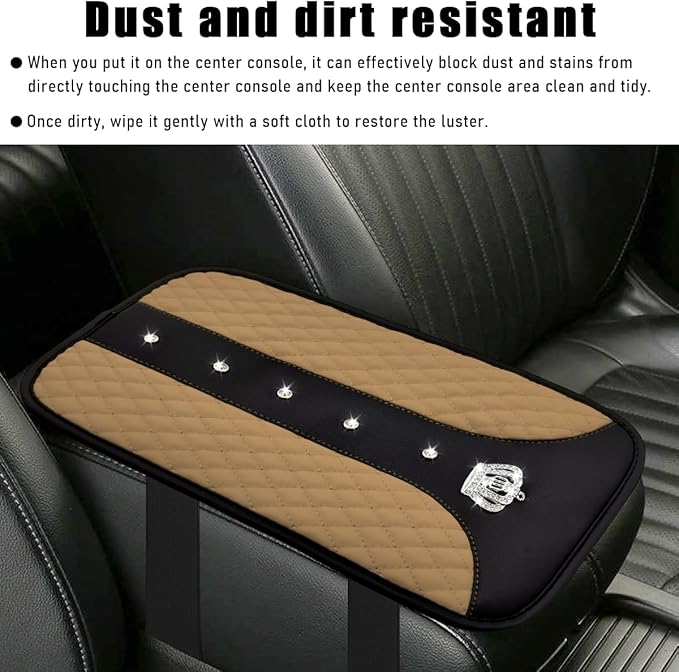 Bling Crown Car Center Console Mats, Anti-Slip and Waterproof Crystal Car Armrest Pad Protector, Universal Rustproof Armrest Decor Cushion for Cars & SUVs, Car Accessories (Beige)
