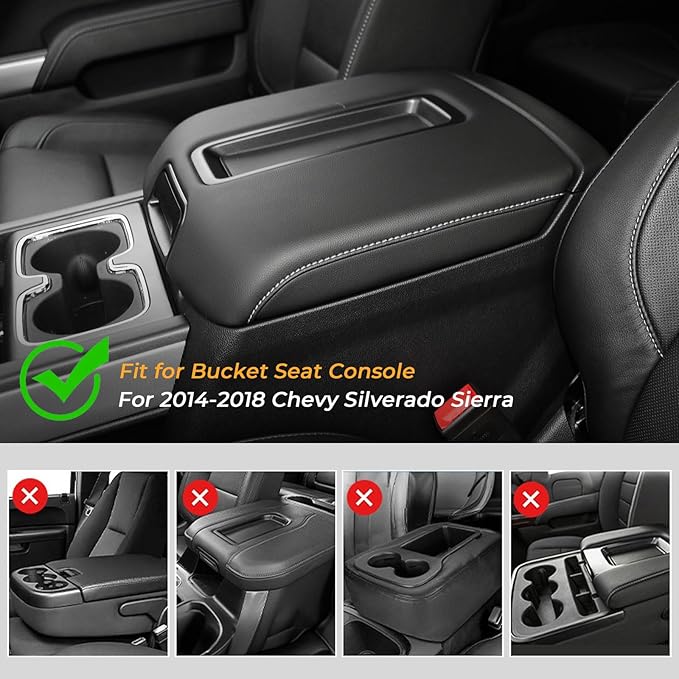 FUNY Center Console Cover Compatible with 2014-2018 Silverado Sierra, Middle Console Cover Lid, Car Arm Rest Covers Cushion Pad, Bucket Seat Middle Console Armrest Box Leather Protective Cover