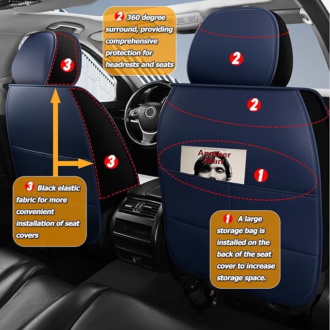 Car Seat Covers Full Set 3D Foam Back Support, 2 Front Seats Universal Fit for Most Trucks,Sedan and SUVs, Waterproof Leather Super Breathable, Storage Bags, All Season, Black + Coffee