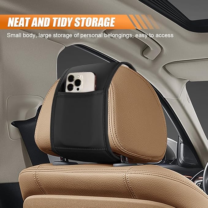 2PCS Car Headrest Covers for Back Seat, Leather Dirt-Proof Car Seat Head Rest Protector with Pocket, All Season Universal Auto Interior Decoration Headrest Organizer for Phone, Key (Black)
