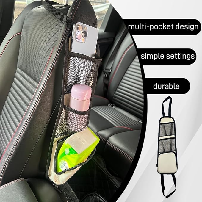 Car Seat Side Organizer, Seat Side Storage Pocket, Multifunctional Mesh Net Pocket, Car Multi-Pockets Backseat Organizer Side Hanging Bag for Storage Coins, Cell Phones, Glasses (Beige, 1PCS)