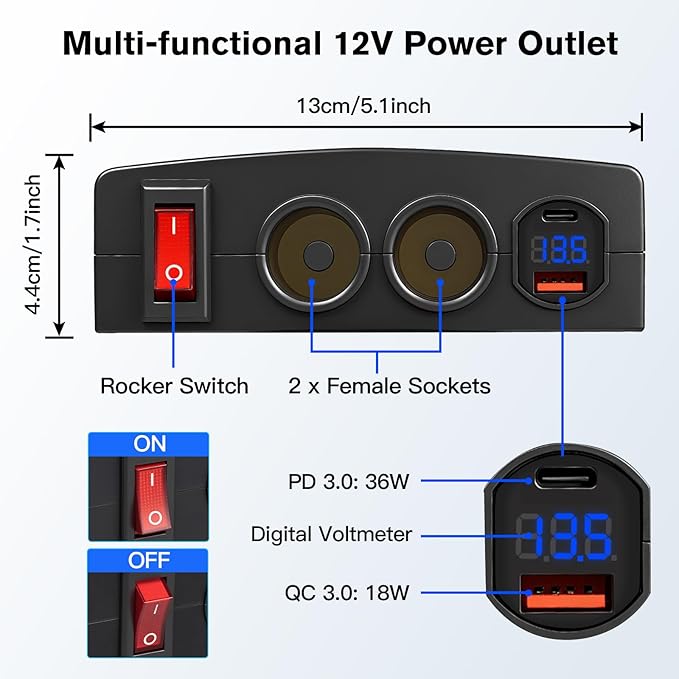 4-in-1 Cigarette Lighter Splitter Car Charger, 2 Socket Cigarette Lighter Adapter with Dual USB Outlet, Master Switch & LED Voltmeter, 12V-24V Power Outlet for Boat Marine Truck RV Golf Cart