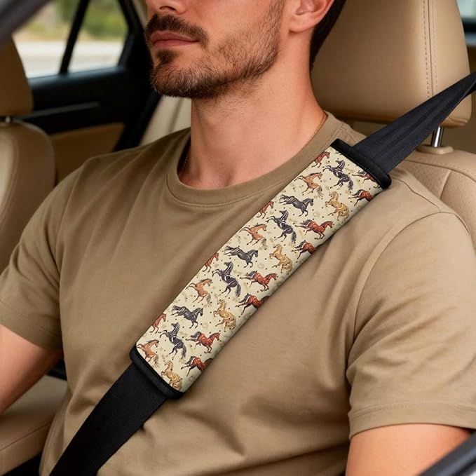 FUSURIRE Universal Horse Print Car Interior Accessory Set 5Pcs PU Front Seat Covers, Seat Belt Covers & Center Armrest PadFit for SUV Truck Van Year Round Use