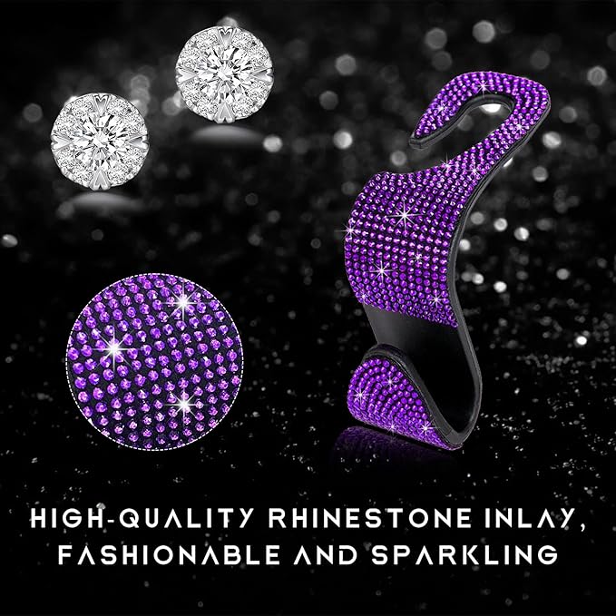 2PCS Bling Car Seat Headrest Hooks, Auto Back Seat Hanging Storage Organizer for Purse Handbag Coat, Rhinestone Vehicle Seat Hanger Holder for Women Girls, Car Accessories (Purple)
