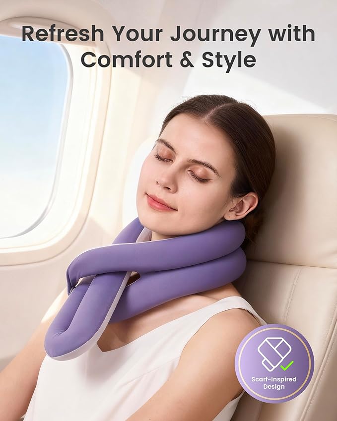 KPNEOL Travel Pillow, Neck Pillow – Ergonomic Memory Foam Pillow for Airplane, Adjustable & Ultra-Lightweight with Dual-Sided Fabric for Flight, Car, and Office Use, Purple