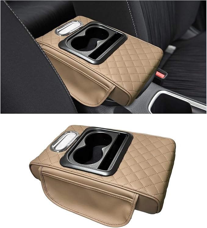 Car Center Console Armrest Pillow, Leather Arm Rest Cover Pad with 2 Storage Pockets Cup Holder & Phone Slot, Soft Middle Console Cushion Protector for Most Vehicles (Beige, Embroidered)