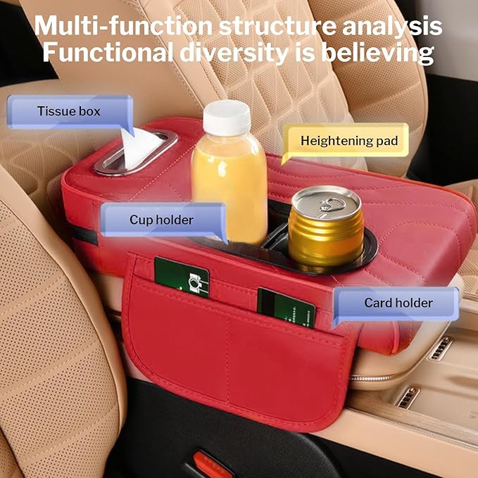LAFANDE Car Armrest Cushion | Heightening Pad Arm Rest for Car, Center Console Cover with Storage Bags Cup Holder, Tissue Box Slot, Easy to Install and Clean