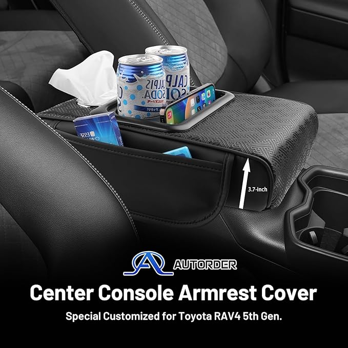 Autorder Center Console Cover for Toyota RAV4 2019-2025 Accessories Armrest Cushion with Multi-Purpose Storage Slot Leather Middle Console Cover RAV4 Armrest Cover Anti-Scratch