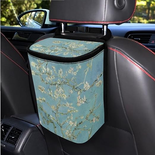 1.2 Gallons Mini Trash Can for Car, Almond Blossoms in Bloom Auto Trash Bag for Car, Adjustable Hanging for Tail of Console/Back of Seats, Odor-Free with Zipper Leak-Proof Lid Design Washable