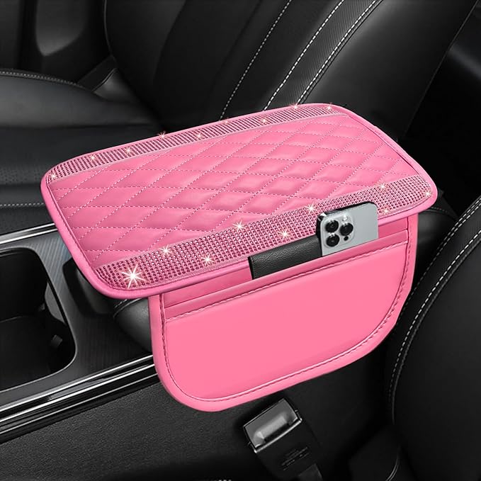 NBTEPEM Bling Pink Car Center Console Cover, Leather Car Arm Rest Cover with 2 Storage Bags, Universal Auto Armrest Protector Storage Box, Pink Bling Accessories Interior for Most Vehicles