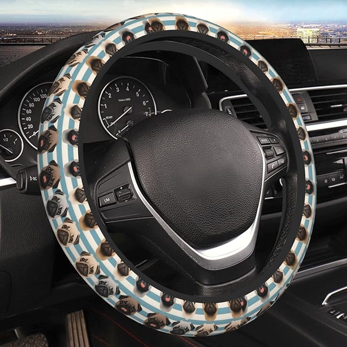 Black Yellow Pug Neoprene Steering Wheel Covers Women Men Car Accessories, Universal 15 Inch Fit Auto, Suvs, Truck