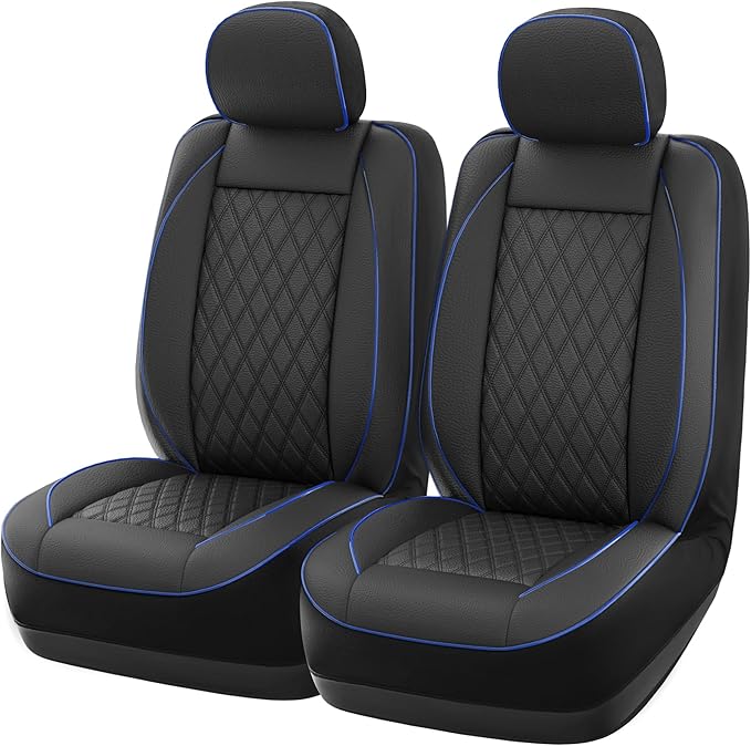 GIANT PANDA 2PCS Front Seat Covers for Hyundai, Piping Leather Durable Waterproof Seat Cover to Fit Sonata Elantra Santa Fe Tucson Accent Kona Palisade Genesis, Airbag Compatible (Black+Blue)