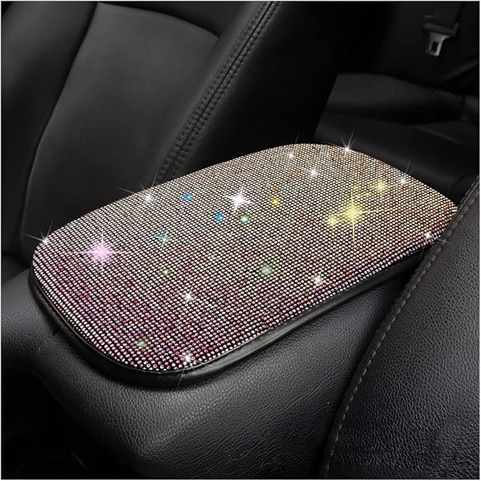 Bling Center Console Cover, Diamond Fashion ArmRest Pad, Crystal Soft Arm Rest Protective Cushion, Car Accessories for Women Girls, 11.8"×8.5" for Most of Vehicles, SUVs, Trucks (Black&MultiColour)