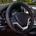 Valleycomfy Leather Steering Wheel Covers Universal 15.75 inch -Breathable, Anti Slip & Odor Free (Black with Red Lines,L(15" 1/2-16"))