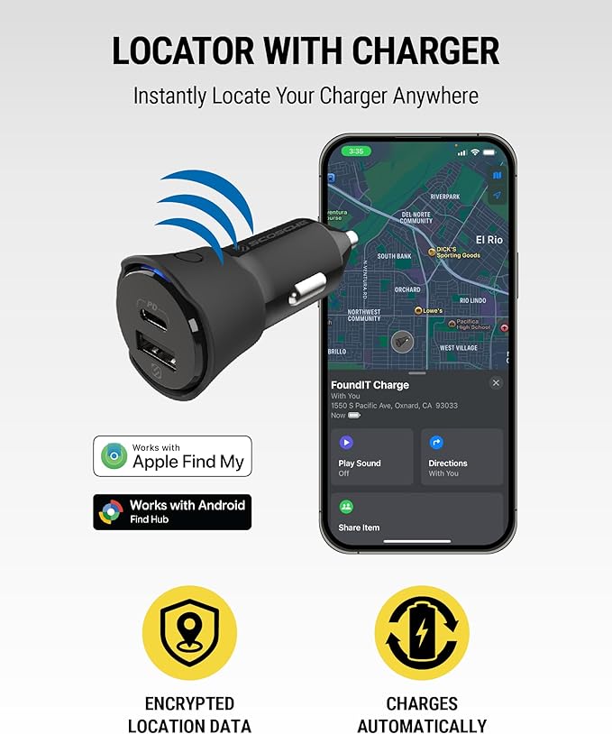 Scosche FoundIT Charge 32W Car Charger, Multi-Port Cigarette Lighter Adapter with 20W USB-C Fast Charging & 12W USB-A Port, Built-in Locator Compatible with Apple Find My & Android Find Hub