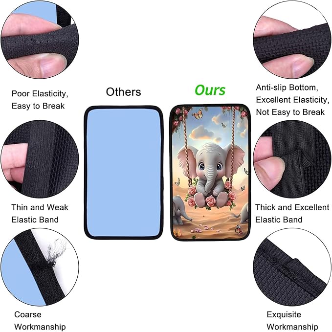 JANENFNA Car Armrest Cover Pads Universal Fashion Cute Auto Center Console Armrest Cover Pad with 2PCS Car Coasters Soft Waterproof Car Armrest Seat Protector for Women,Baby Elephant on Swing-A