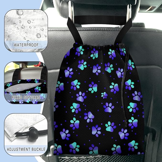 GEGEPINK Car Trash Bag Hanging Back of Seat Waterproof Small Cute Printed One-handed Strap Drawstring Garbage Bags for Car-Paw Print