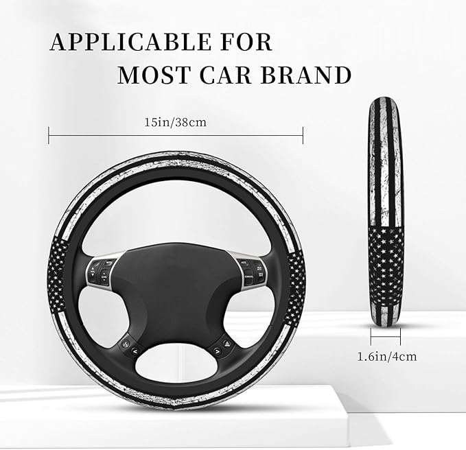 Black White American Flag Elastic Steering Wheel Cover, Non-Slip Breathable Neoprene Steering Wheel Covers, Men Car Accessories, Universal 15 Inch Fit Auto, Suvs, Truck