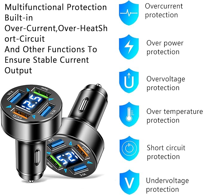 66W Fast Car Charger,4 Ports Cigarette Lighter USB Charger with LED Voltmeter,QC3.0/Super Port Car Charger Adapter Fast Charging,Compatible with Android/Samsung Galaxy/iPad(QC3.0/Super)