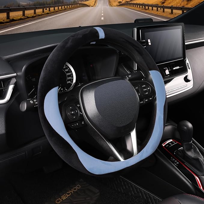 COFIT Plush Steering Wheel Cover Winter, Soft Warm Furry Grip Protector for Cars SUVs Trucks, Fits 14.5-15 Inch, Non-Slip Interior Accessory, Blue