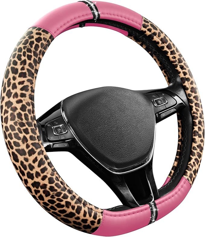 Road Comforts Leopard Steering Wheel Cover - Made with PVC Leather Cheetah Print, D-Shaped Automotive Steering Wheels - Anti-Slip, Universal Fit 14 1/2 inches to 15 inches - Pink