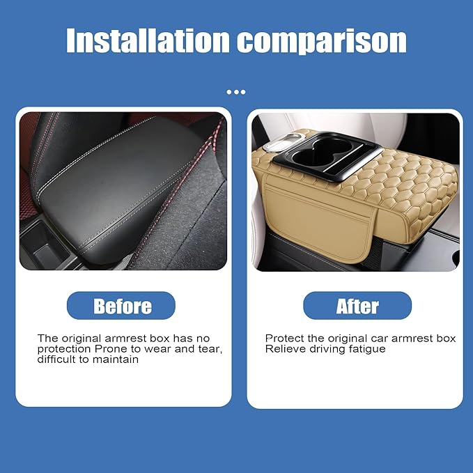 AOUTTUOA Universal Car Integrated Pressurized Multifunctional Armrest Heightening Pad Microfiber Leather Tan Car Center Console Armrest with 2 Cup Holders Phone Storage Slot Tissue Box Side Pockets