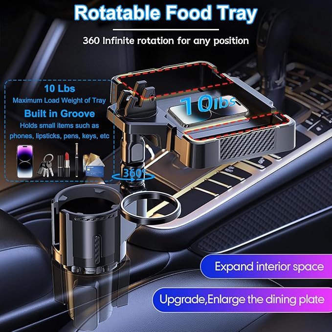 Car Cup Holder Tray, 10 Inch 4-in-1 Cup Holder Tray, 360° Rotating Drink Holder Expander with Detachable Food Tray & Phone Holder, Road Trip Essentials
