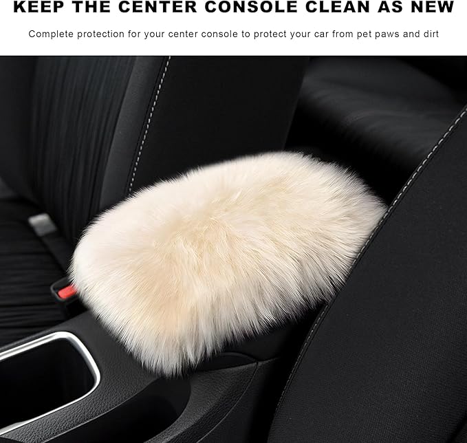 Furry Car Center Console Cover Pad, 11.8"×7.9" Auto Fluffy Plush Center Armrest Protective Cover, Comfortable Fuzzy Armrest Seat Box Protector Cushion for Cars Trucks SUVs (Light Beige)