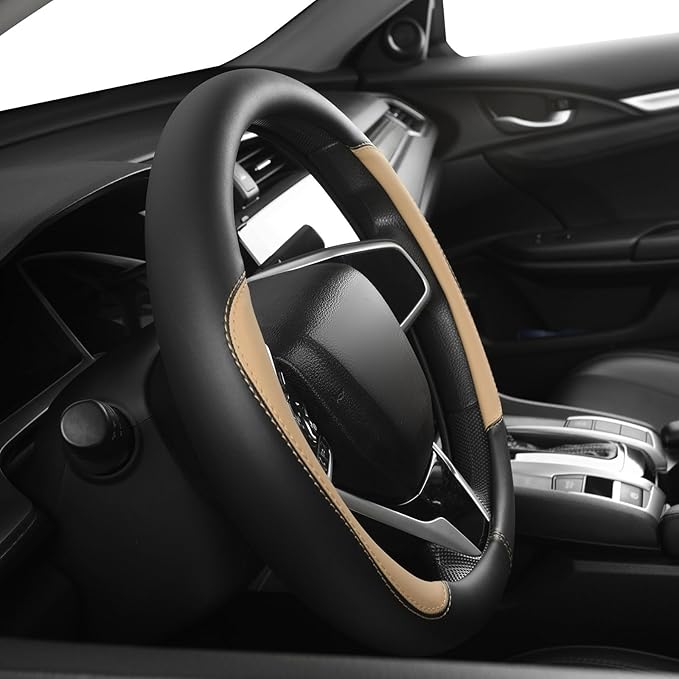 Car Steering Wheel Cover,Microfiber Leather Steering Wheel Cover Universal 15.5-16 inch, Anti-Slip Breathable Auto Wheel Cover Protector for Men Women (Black&Beige)