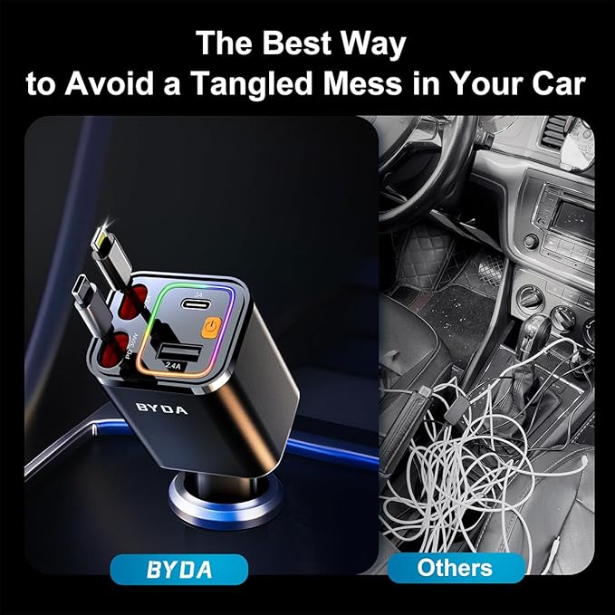 4 in 1 Retractable Car Charger with Starry Light,69W USB-C Fast Car Charger, for iPhone 17/16/15/14/13/12/11, Android,Pixel,Cigarette Lighter Charger (for Apple+Type C &RGB [Black])